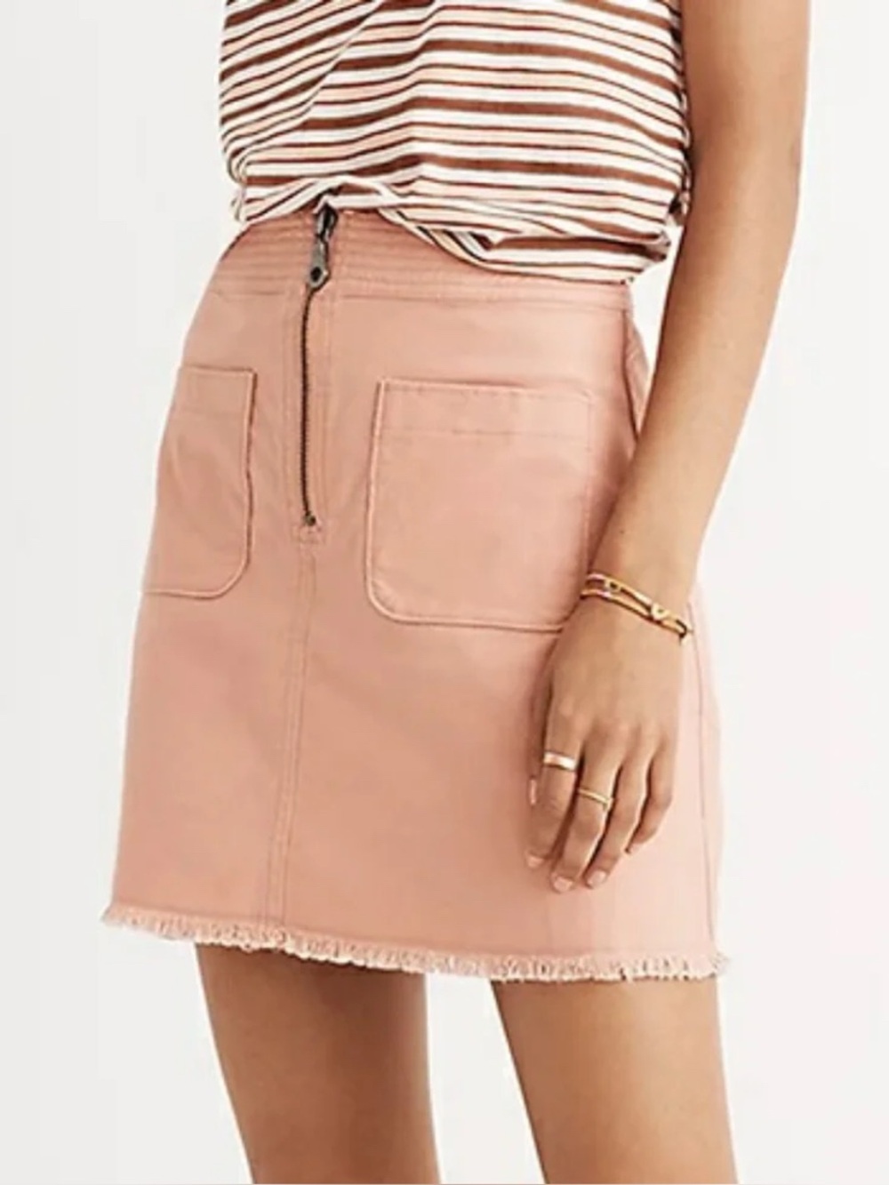 Madewell size 14 peach A line front zip raw hem denim skirt casual Spring Summer